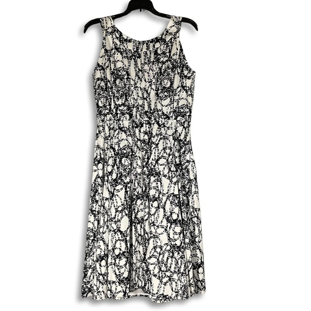 Calvin Klein A-Line Midi Dress Womens 8 Black White Abstract‎ Sleeveless Lined